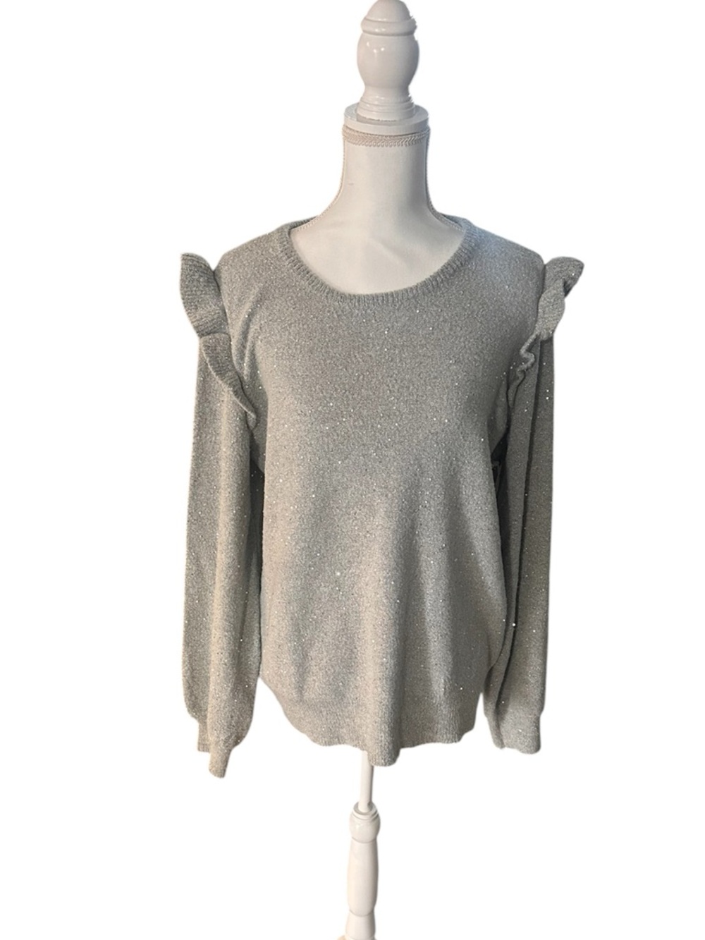 Margeaux & Ellie Gray Sequin, Ruffled Shoulder Sweater, L